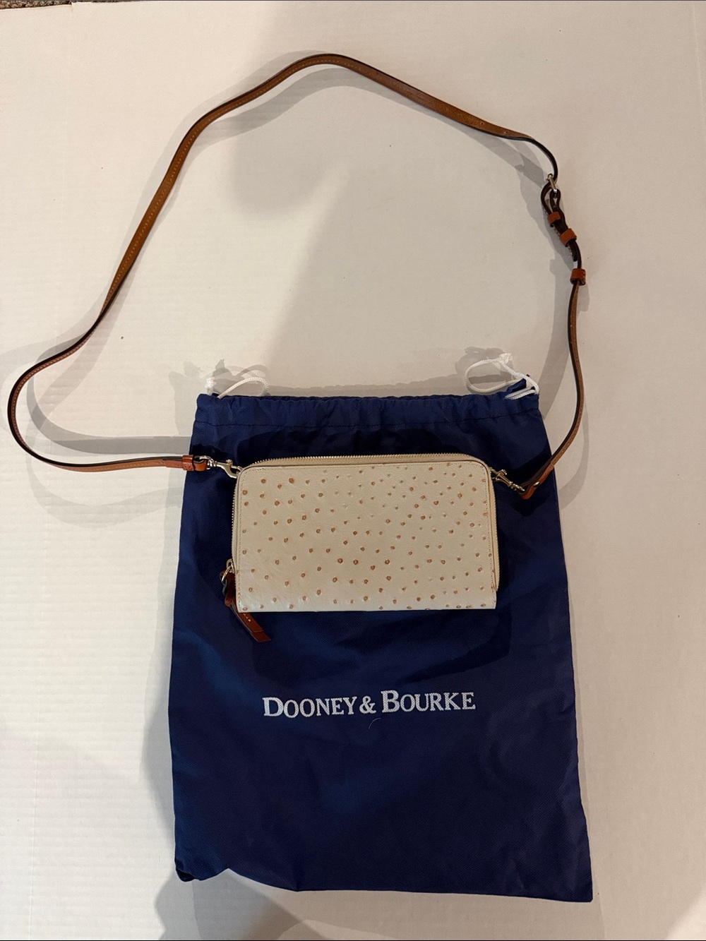 Dooney & Bourke White Ostrich-Embossed Crossbody with Tan Strap - Picture 2 of 4